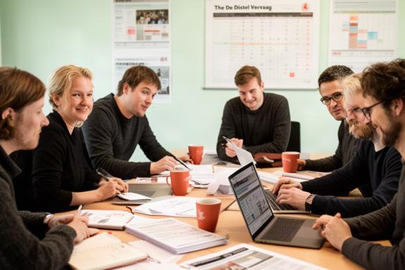 Redactieteam van De Distel Verslag in overleg rond een grote tafel aan de Vinkenweg in Bunschoten-Spakenburg